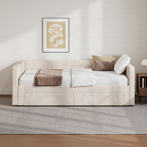 English Elm Twin Chenille Upholstered Daybed with Extendable Trundle and Storage for Guest Rooms Beige BS701P336253C
