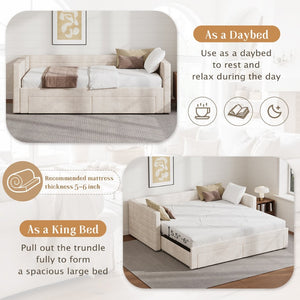 English Elm Twin Chenille Upholstered Daybed with Extendable Trundle and Storage for Guest Rooms Beige BS701P336253C