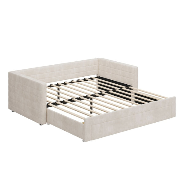 English Elm Twin Chenille Upholstered Daybed with Extendable Trundle and Storage for Guest Rooms Beige BS701P336253C