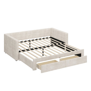 English Elm Twin Chenille Upholstered Daybed with Extendable Trundle and Storage for Guest Rooms Beige BS701P336253C