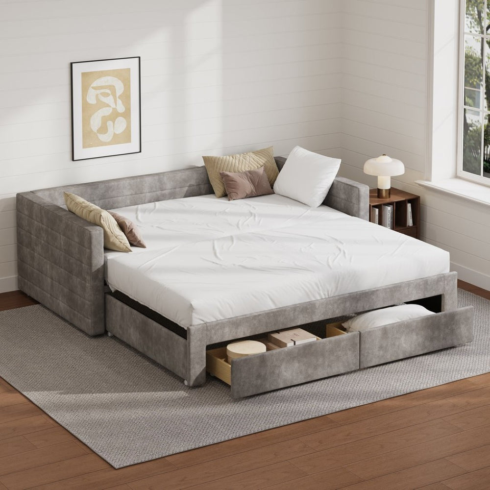 English Elm Twin Chenille Upholstered Daybed with Extendable Trundle and Storage for Guest Rooms Gray BS701P336253E