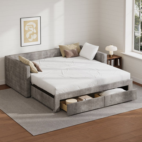 English Elm Twin Chenille Upholstered Daybed with Extendable Trundle and Storage for Guest Rooms Gray BS701P336253E