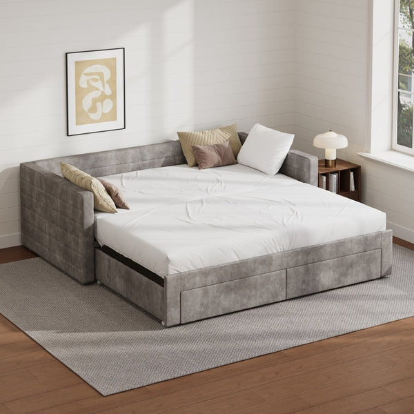English Elm Twin Chenille Upholstered Daybed with Extendable Trundle and Storage for Guest Rooms Gray BS701P336253E