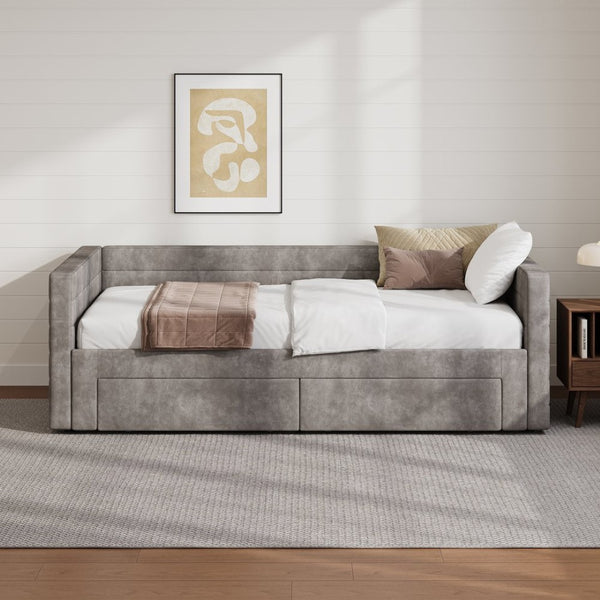 English Elm Twin Chenille Upholstered Daybed with Extendable Trundle and Storage for Guest Rooms Gray BS701P336253E