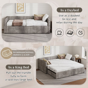English Elm Twin Chenille Upholstered Daybed with Extendable Trundle and Storage for Guest Rooms Gray BS701P336253E