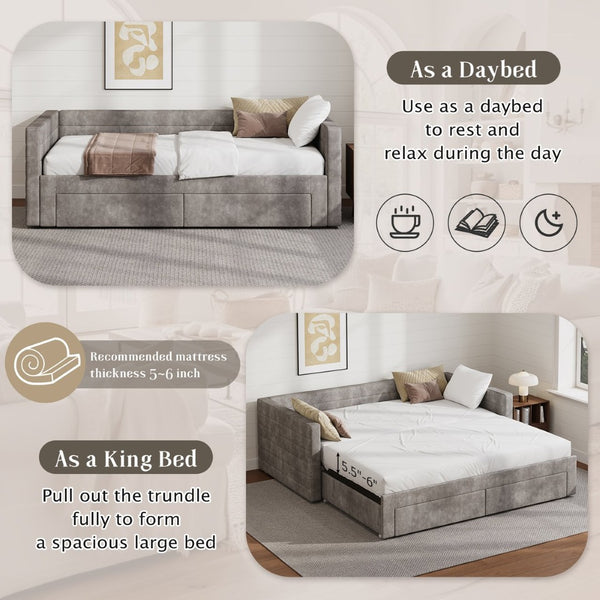 English Elm Twin Chenille Upholstered Daybed with Extendable Trundle and Storage for Guest Rooms Gray BS701P336253E