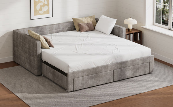 English Elm Twin Chenille Upholstered Daybed with Extendable Trundle and Storage for Guest Rooms Gray BS701P336253E