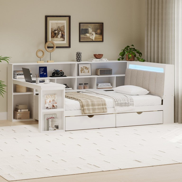English Elm Full L-Shaped Corner Daybed with Linen Headboard RGB Lighting Desk and Storage Twin Size White BS701P337652K