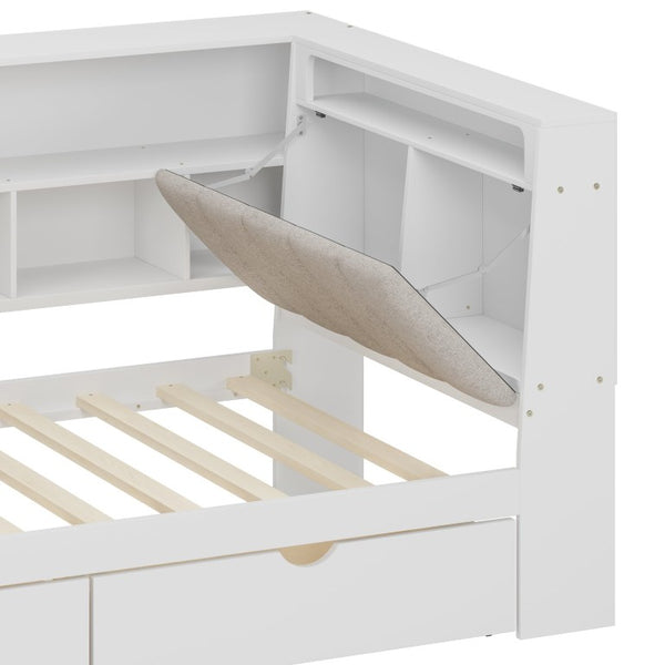 English Elm Full L-Shaped Corner Daybed with Linen Headboard RGB Lighting Desk and Storage Twin Size White BS701P337652K