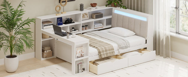 English Elm Full L-Shaped Corner Daybed with Linen Headboard RGB Lighting Desk and Storage Twin Size White BS701P337652K