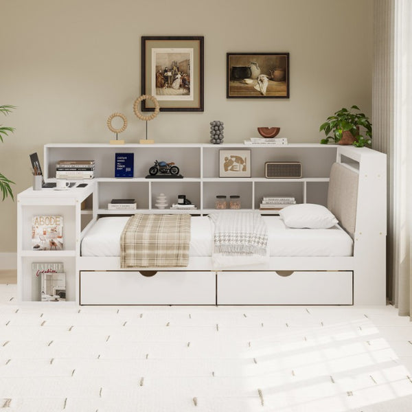 English Elm Full L-Shaped Corner Daybed with Linen Headboard RGB Lighting Desk and Storage Twin Size White BS701P337652K