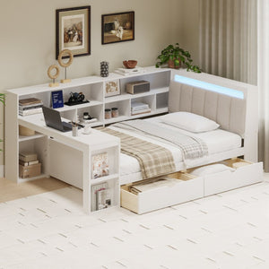 English Elm Full L-Shaped Corner Daybed with Linen Headboard RGB Lighting Desk and Storage Twin Size White BS701P337652K