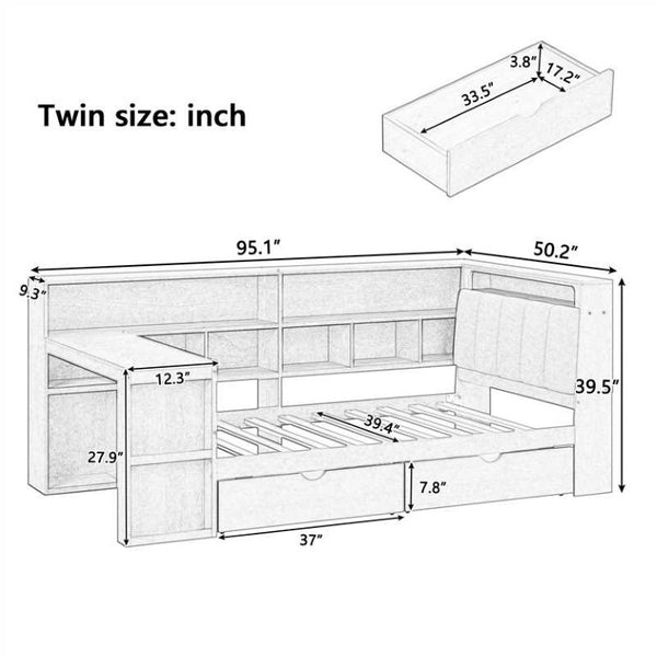 English Elm Full L-Shaped Corner Daybed with Linen Headboard RGB Lighting Desk and Storage Twin Size White BS701P337652K