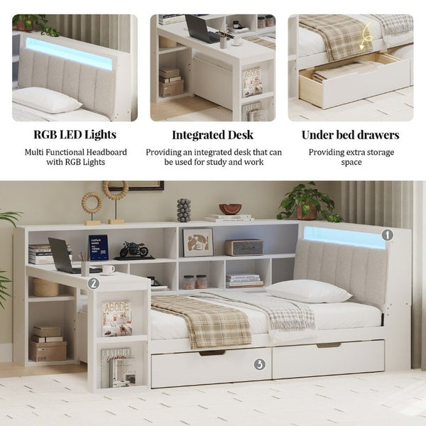 English Elm Full L-Shaped Corner Daybed with Linen Headboard RGB Lighting Desk and Storage Twin Size White BS701P337652K