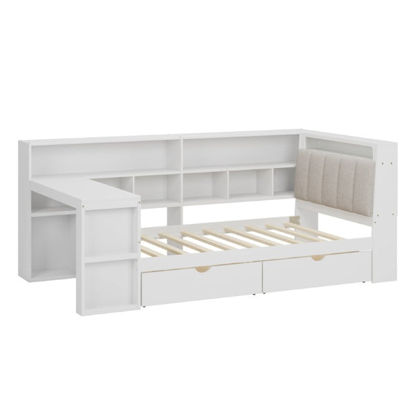 English Elm Full L-Shaped Corner Daybed with Linen Headboard RGB Lighting Desk and Storage Twin Size White BS701P337652K