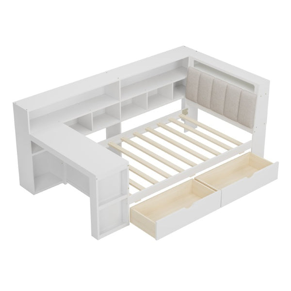 English Elm Full L-Shaped Corner Daybed with Linen Headboard RGB Lighting Desk and Storage Twin Size White BS701P337652K