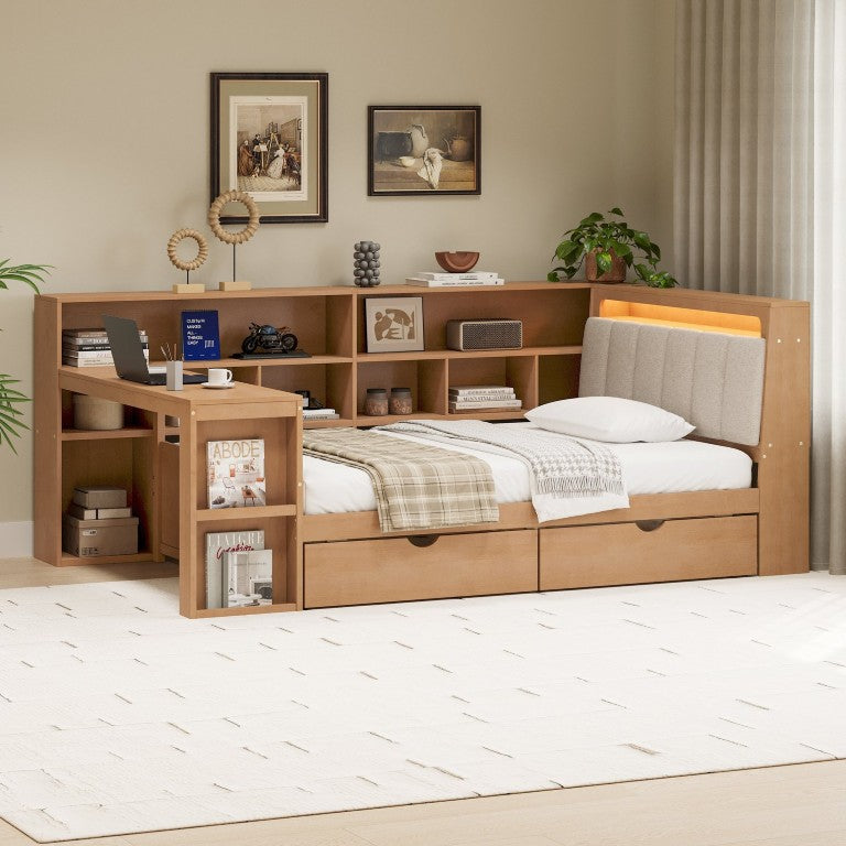 English Elm Twin L-Shaped Daybed with Integrated Desk Bookshelf RGB Lighting and Under Bed Storage BS701P337652N