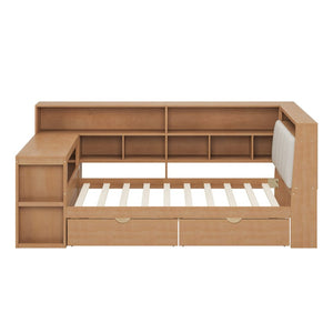 English Elm Twin L-Shaped Daybed with Integrated Desk Bookshelf RGB Lighting and Under Bed Storage BS701P337652N