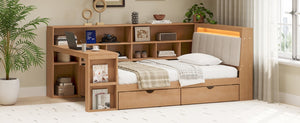 English Elm Twin L-Shaped Daybed with Integrated Desk Bookshelf RGB Lighting and Under Bed Storage BS701P337652N