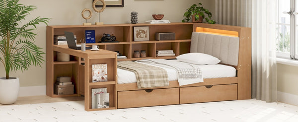 English Elm Twin L-Shaped Daybed with Integrated Desk Bookshelf RGB Lighting and Under Bed Storage BS701P337652N