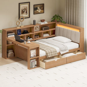 English Elm Twin L-Shaped Daybed with Integrated Desk Bookshelf RGB Lighting and Under Bed Storage BS701P337652N