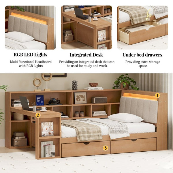 English Elm Twin L-Shaped Daybed with Integrated Desk Bookshelf RGB Lighting and Under Bed Storage BS701P337652N