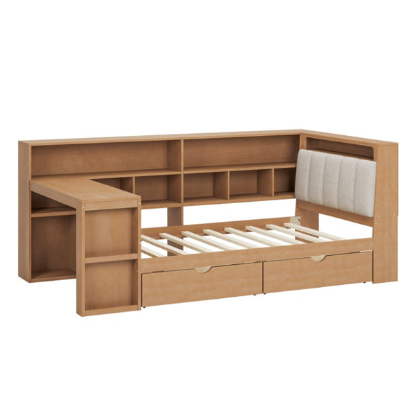 English Elm Twin L-Shaped Daybed with Integrated Desk Bookshelf RGB Lighting and Under Bed Storage BS701P337652N