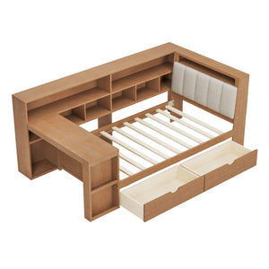 English Elm Twin L-Shaped Daybed with Integrated Desk Bookshelf RGB Lighting and Under Bed Storage BS701P337652N