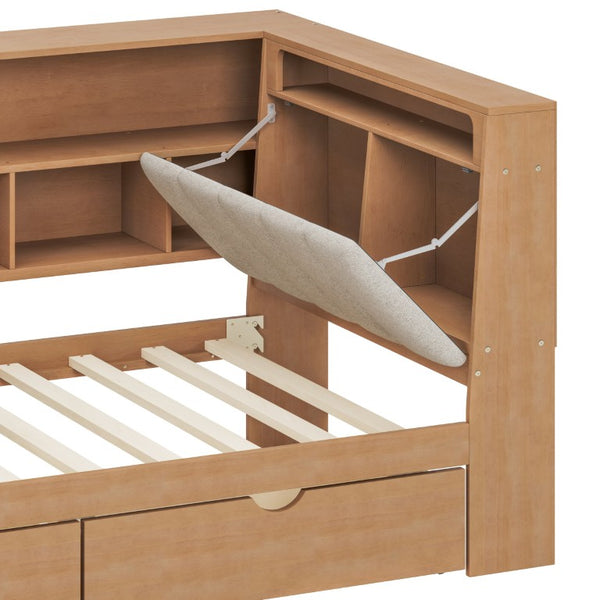 English Elm Twin L-Shaped Daybed with Integrated Desk Bookshelf RGB Lighting and Under Bed Storage BS701P337652N