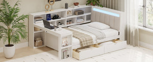 English Elm Full Size L Shaped Corner Daybed with Desk Bookcase Linen Headboard and RGB Lighting BS701P337658K