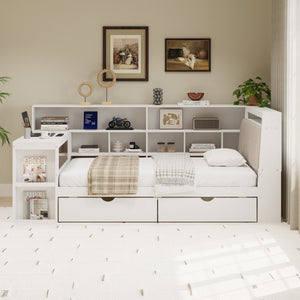 English Elm Full Size L Shaped Corner Daybed with Desk Bookcase Linen Headboard and RGB Lighting BS701P337658K