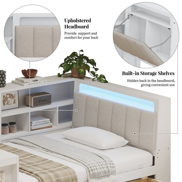 English Elm Full Size L Shaped Corner Daybed with Desk Bookcase Linen Headboard and RGB Lighting BS701P337658K
