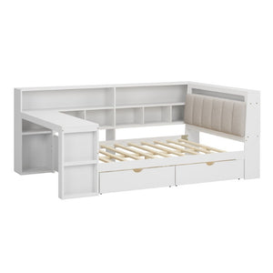 English Elm Full Size L Shaped Corner Daybed with Desk Bookcase Linen Headboard and RGB Lighting BS701P337658K