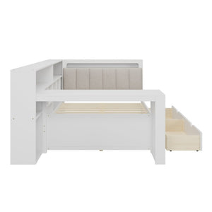 English Elm Full Size L Shaped Corner Daybed with Desk Bookcase Linen Headboard and RGB Lighting BS701P337658K