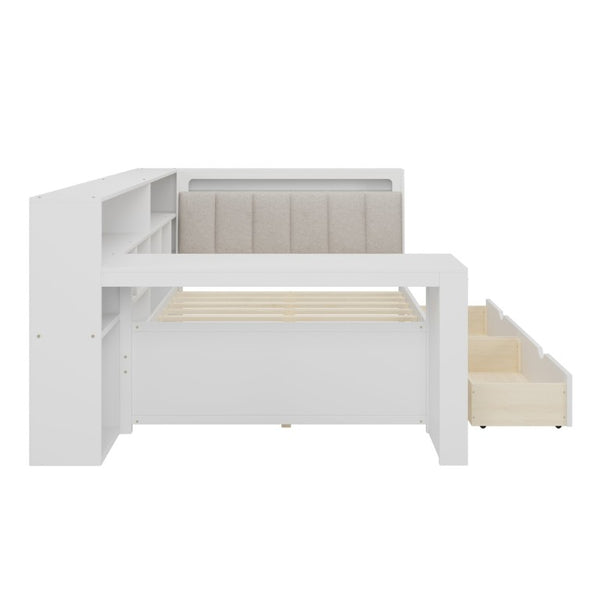 English Elm Full Size L Shaped Corner Daybed with Desk Bookcase Linen Headboard and RGB Lighting BS701P337658K