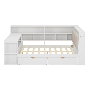 English Elm Full Size L Shaped Corner Daybed with Desk Bookcase Linen Headboard and RGB Lighting BS701P337658K