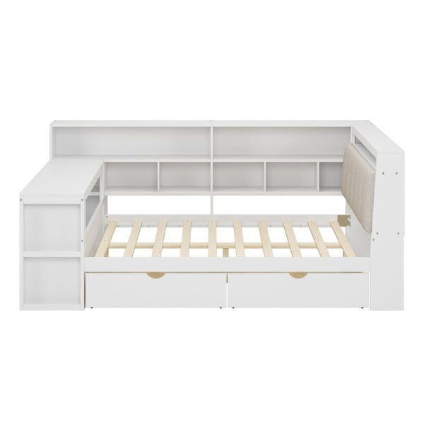 English Elm Full Size L Shaped Corner Daybed with Desk Bookcase Linen Headboard and RGB Lighting BS701P337658K