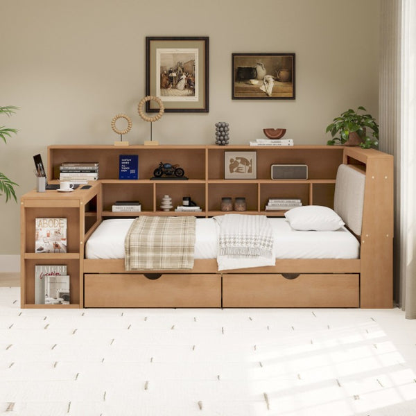 English Elm Full L-Shaped Corner Daybed with Linen Headboard RGB Lighting Desk and Storage Full Size Seadrift BS701P337658N
