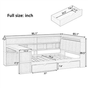English Elm Full L-Shaped Corner Daybed with Linen Headboard RGB Lighting Desk and Storage Full Size Seadrift BS701P337658N