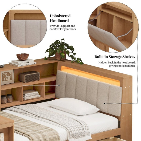English Elm Full L-Shaped Corner Daybed with Linen Headboard RGB Lighting Desk and Storage Full Size Seadrift BS701P337658N