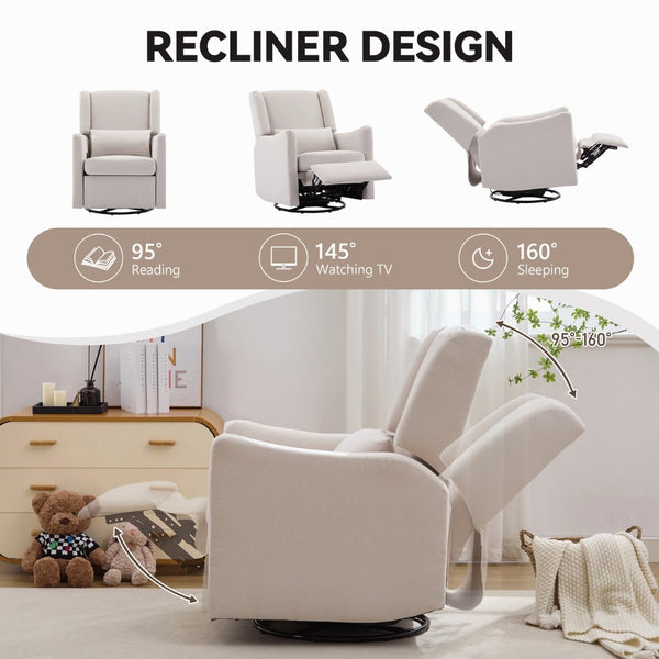 English Elm 29.5'' Linen Wingback Glider Recliner with Swivel Base for Nursery or Living Room BS701P337844A