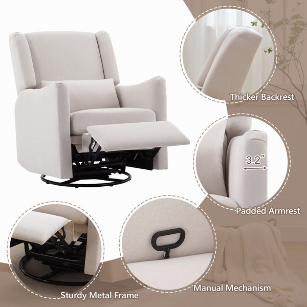 English Elm 29.5'' Linen Wingback Glider Recliner with Swivel Base for Nursery or Living Room BS701P337844A