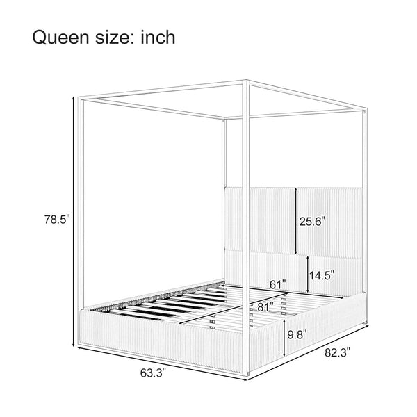 English Elm Modern Gold Iron Canopy Queen Bed Tall Corduroy Upholstered Headboard Four Poster Frame Beige/Gold BS701P353496A
