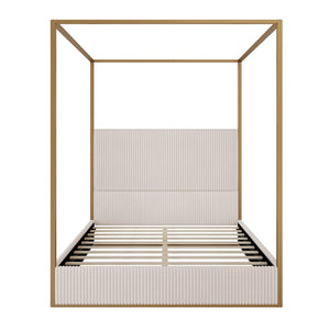 English Elm Modern Gold Iron Canopy Queen Bed Tall Corduroy Upholstered Headboard Four Poster Frame Beige/Gold BS701P353496A