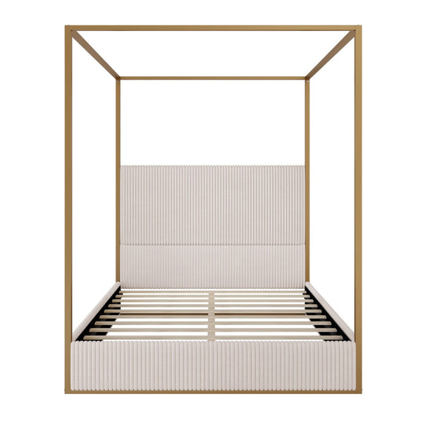English Elm Modern Gold Iron Canopy Queen Bed Tall Corduroy Upholstered Headboard Four Poster Frame Beige/Gold BS701P353496A