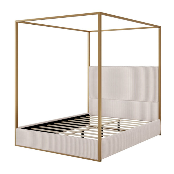 English Elm Modern Gold Iron Canopy Queen Bed Tall Corduroy Upholstered Headboard Four Poster Frame Beige/Gold BS701P353496A