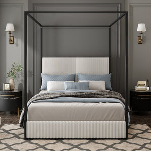 English Elm Modern Gold Iron Canopy Queen Bed Tall Corduroy Upholstered Headboard Four Poster Frame White BS701P353496B