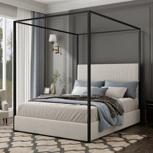 English Elm Modern Gold Iron Canopy Queen Bed Tall Corduroy Upholstered Headboard Four Poster Frame White BS701P353496B
