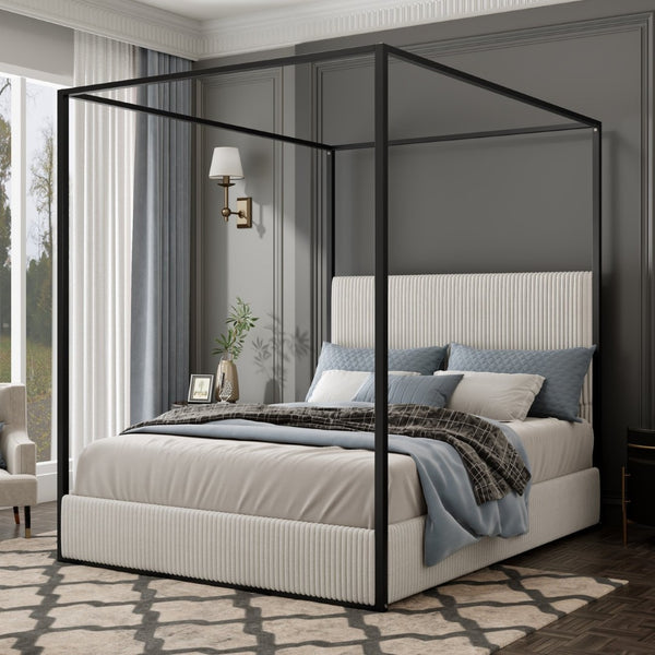 English Elm Modern Gold Iron Canopy Queen Bed Tall Corduroy Upholstered Headboard Four Poster Frame White BS701P353496B