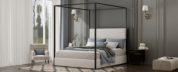 English Elm Modern Gold Iron Canopy Queen Bed Tall Corduroy Upholstered Headboard Four Poster Frame White BS701P353496B